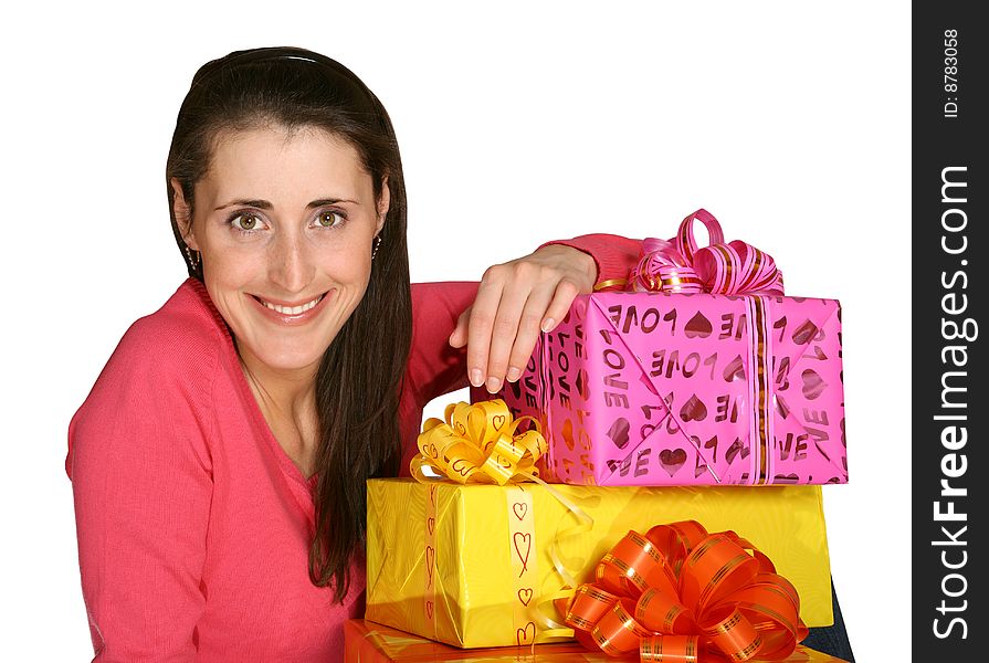 The young woman with beautifully decorated boxes separately on a white background. The young woman with beautifully decorated boxes separately on a white background