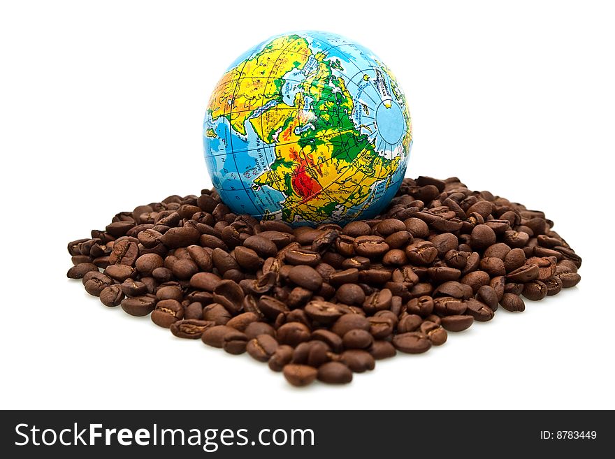 Globe and coffee on a white background. Globe and coffee on a white background