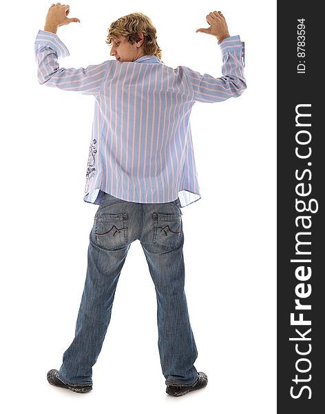 The young guy, model in a shirt, specifies two hands to itself in a back. The young guy, model in a shirt, specifies two hands to itself in a back