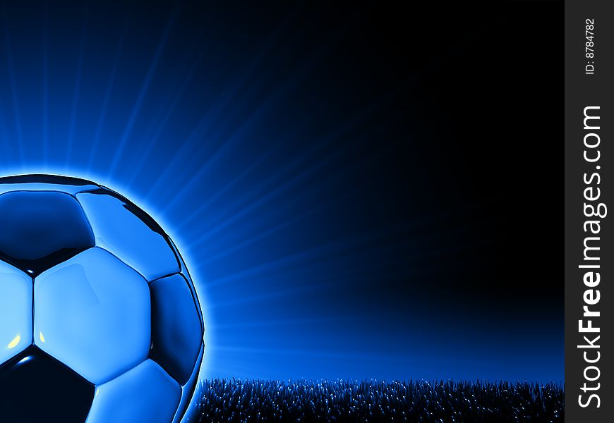 A 3D stylized illustration of a soccerball very close up in combination with a grass horizon and slight background glow. A 3D stylized illustration of a soccerball very close up in combination with a grass horizon and slight background glow