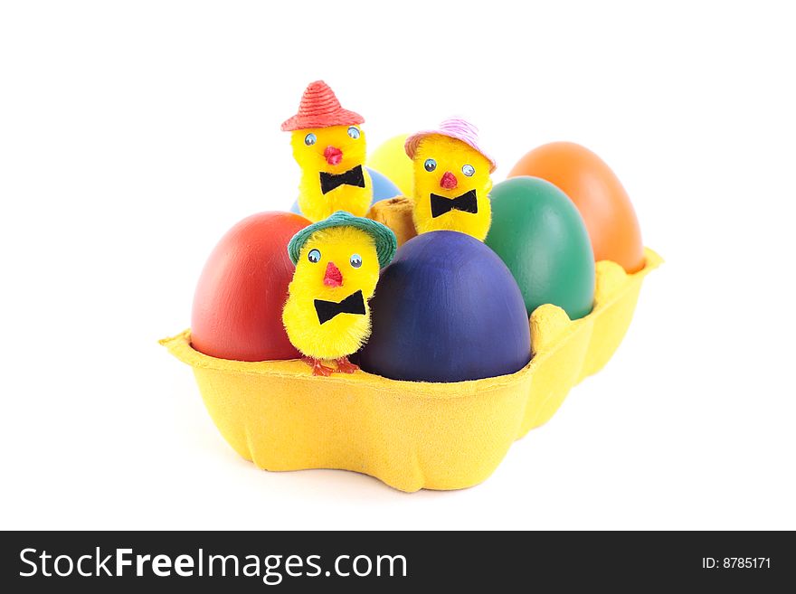 Easter eggs and chicks in carton