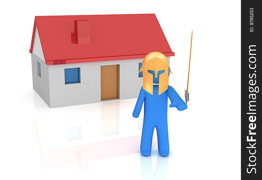 3d render of warrior staying in front of house. 3d render of warrior staying in front of house.