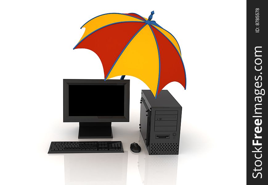 3d render of umbrella and computer. Safety concept.