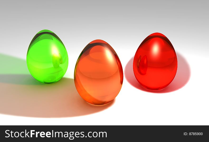 3d illustration of three glass colored easter eggs