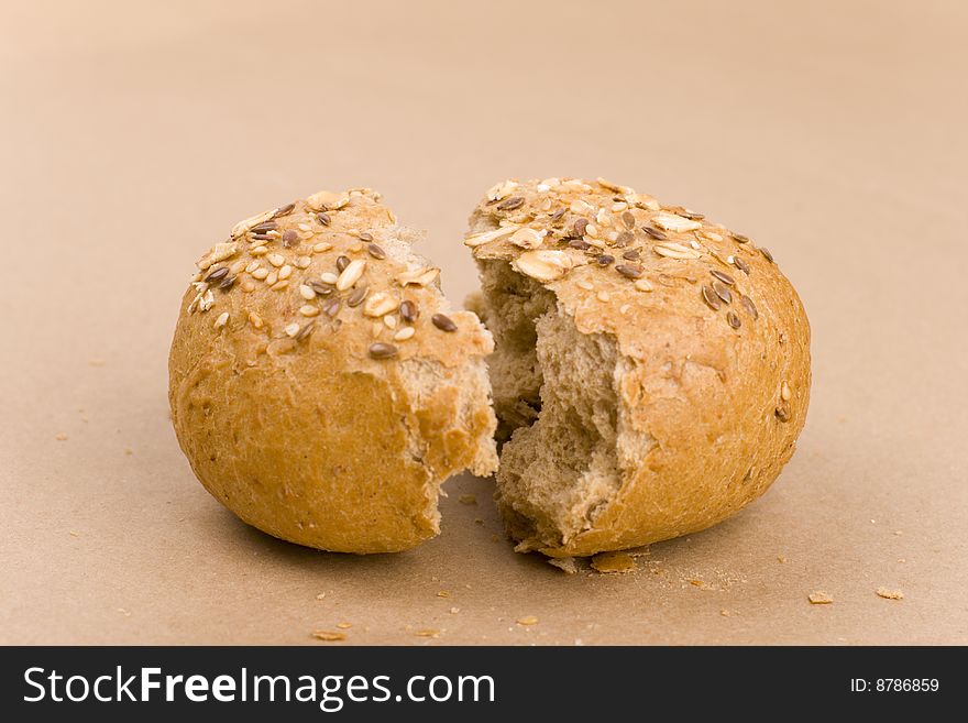 Fresh baked bread halves closeup