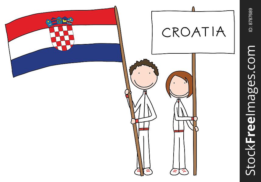 Illustration of a boy and girl holding Croatian flag and title