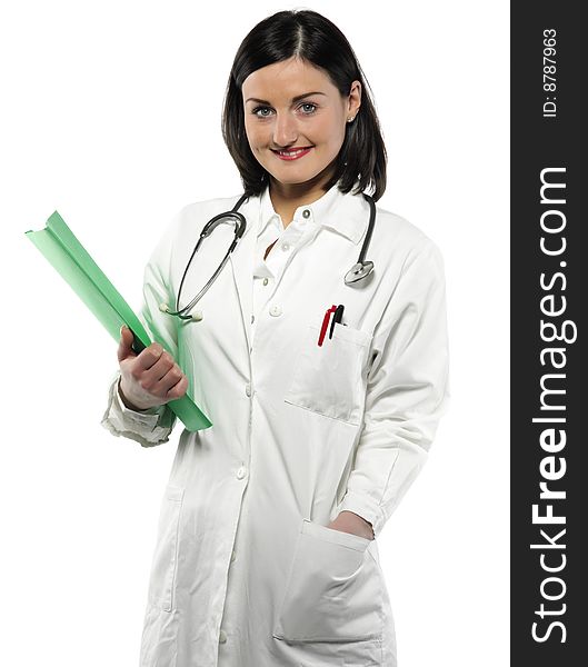 Doctor with book on the white background