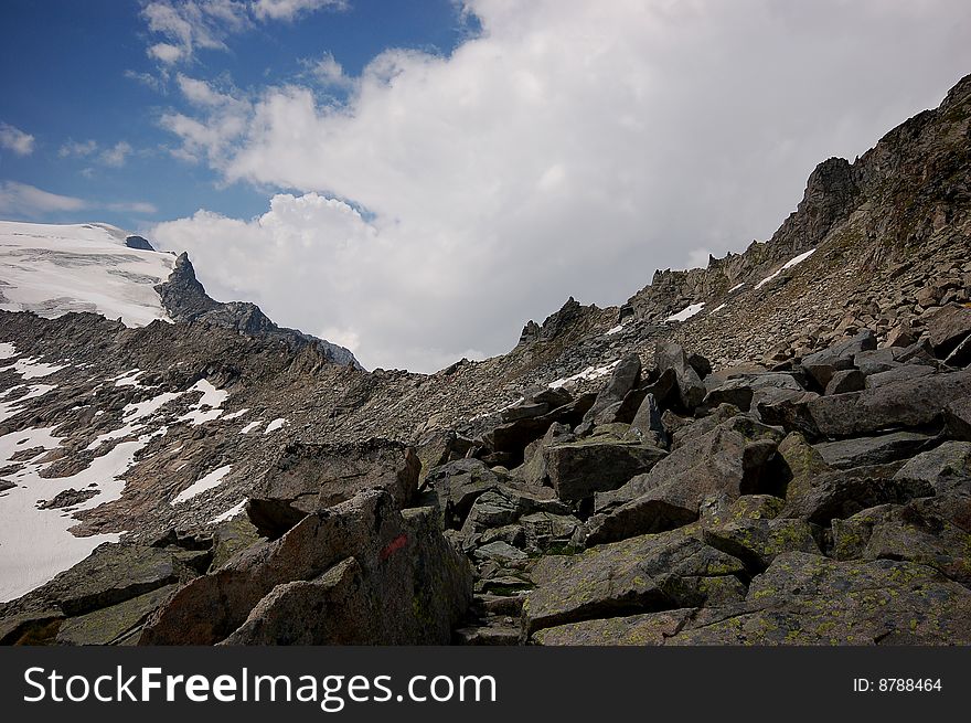 High mountain and glacier with cracks. High mountain and glacier with cracks