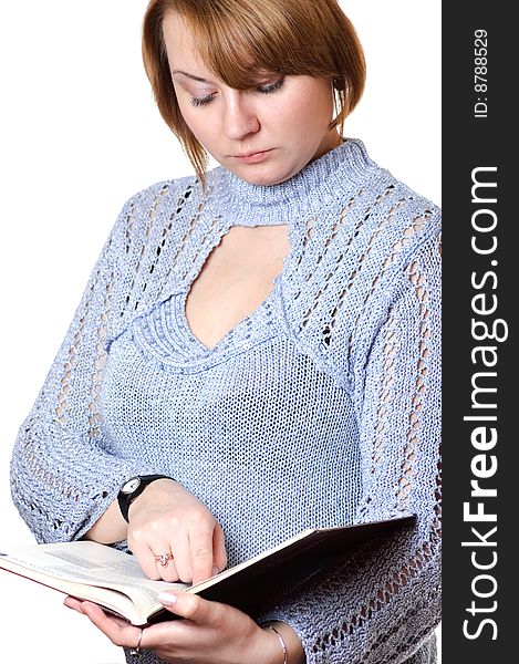 Woman reading book on white