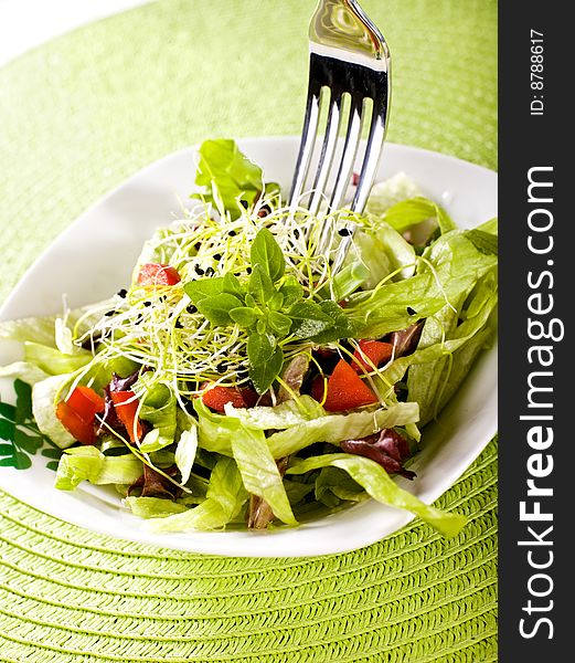 Fresh salad with fork and green cover
