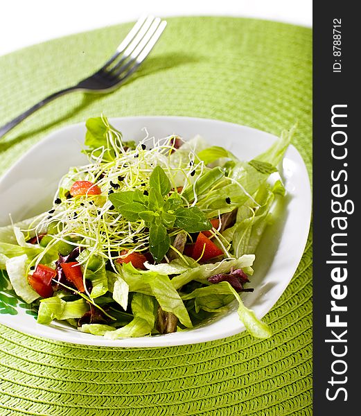 Fresh salad with fork and green cover