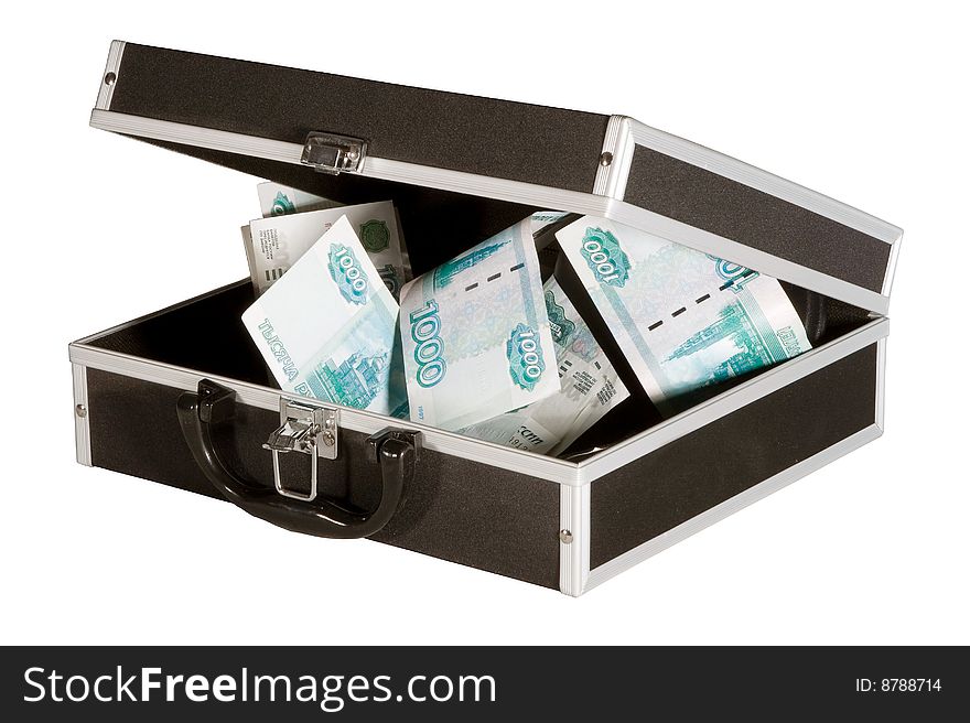 Small black suitcase with money for a white background