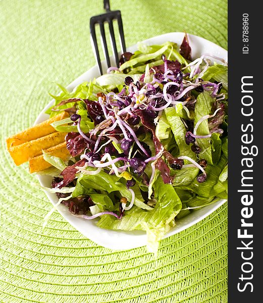 Fresh salad with fork and green cover
