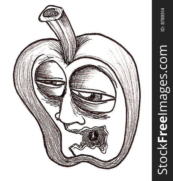 Black and white ink drawing of a personified apple. Black and white ink drawing of a personified apple