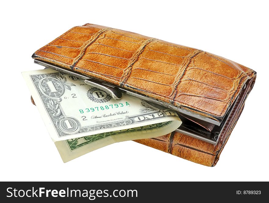 Old purse from a crocodile skin and last one dollar banknote. Isolated on a white. Old purse from a crocodile skin and last one dollar banknote. Isolated on a white.