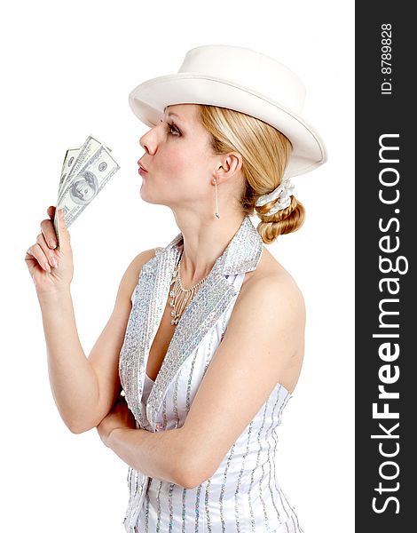 Young pretty woman in white hat and striped suit with money in hand