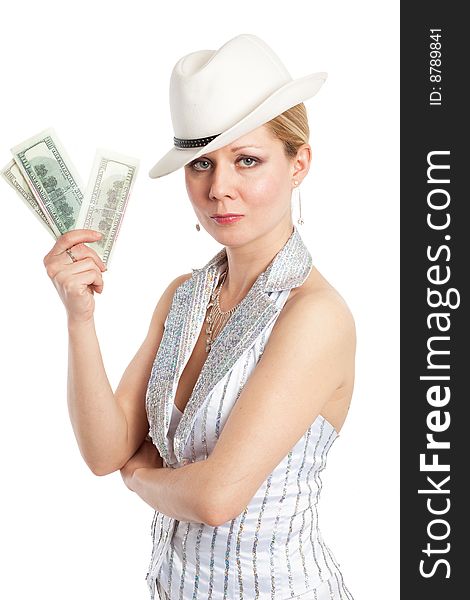 Young pretty woman in white hat and striped suit with money in hand