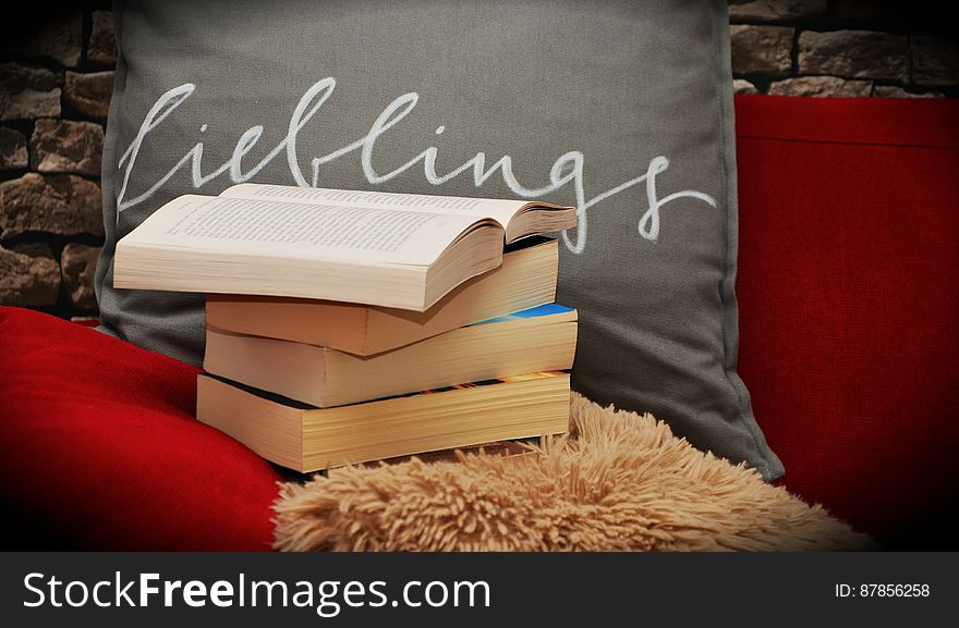 Pile of books, top one open with a shaggy rug under and a gray cushion behind bearing word in German "Lieblings" meaning favorites, stone wall behind. Pile of books, top one open with a shaggy rug under and a gray cushion behind bearing word in German "Lieblings" meaning favorites, stone wall behind.