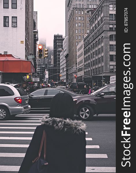 Woman in a black coat with fur collar waiting to cross a busy road at a zebra crossing with cars stopped on it and a background of city buildings and gray sky. Woman in a black coat with fur collar waiting to cross a busy road at a zebra crossing with cars stopped on it and a background of city buildings and gray sky.