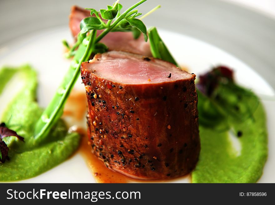 Close Up Of Fillet And Pea Puree