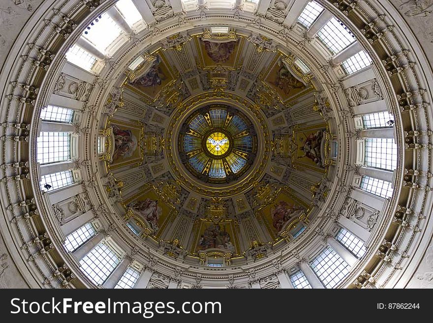 Heavily adorned with eight evangelical mosaics and dove representing the Holy Spirit in the center, the dome is a 70 meter high cupola. Heavily adorned with eight evangelical mosaics and dove representing the Holy Spirit in the center, the dome is a 70 meter high cupola.