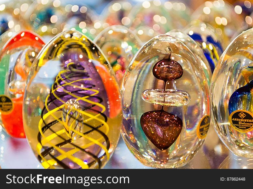 Souvenirs in a Prague shop in the form of Bohemian crystal eggs.
