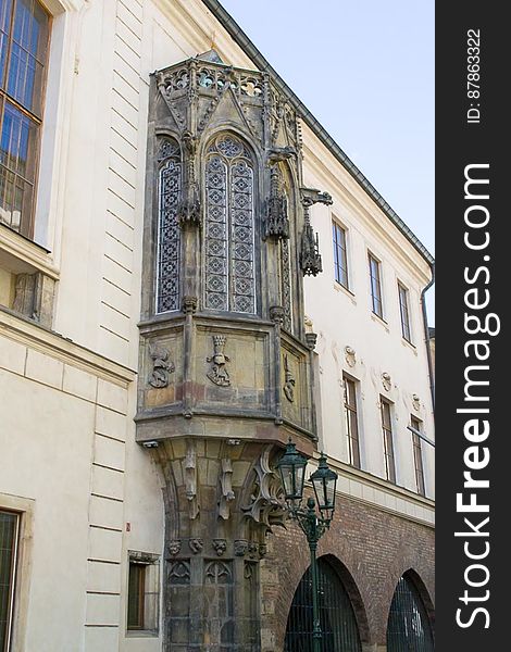 This oriel window was part of the Charles University chapel. It is ornated with gargoyles, coats of armes and other Gothic decorations. This oriel window was part of the Charles University chapel. It is ornated with gargoyles, coats of armes and other Gothic decorations.