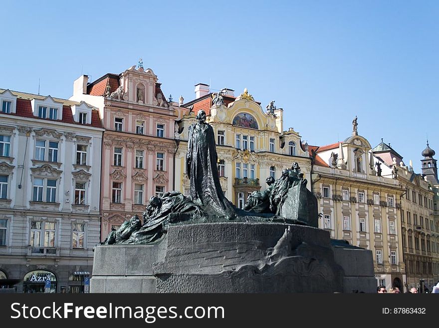 Monument in Old Town Squere representing Jan Hus, Czech Protestant reformer who died as a martyr, Hussite warriors and prostrated followers. Monument in Old Town Squere representing Jan Hus, Czech Protestant reformer who died as a martyr, Hussite warriors and prostrated followers.