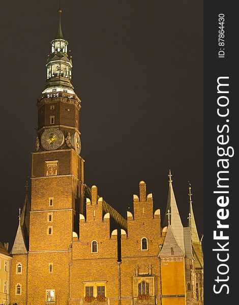 Western facade of Wroclaw Town Hall with a 66 meter tall tower, leading to Burghers&#039; Hall. Western facade of Wroclaw Town Hall with a 66 meter tall tower, leading to Burghers&#039; Hall.