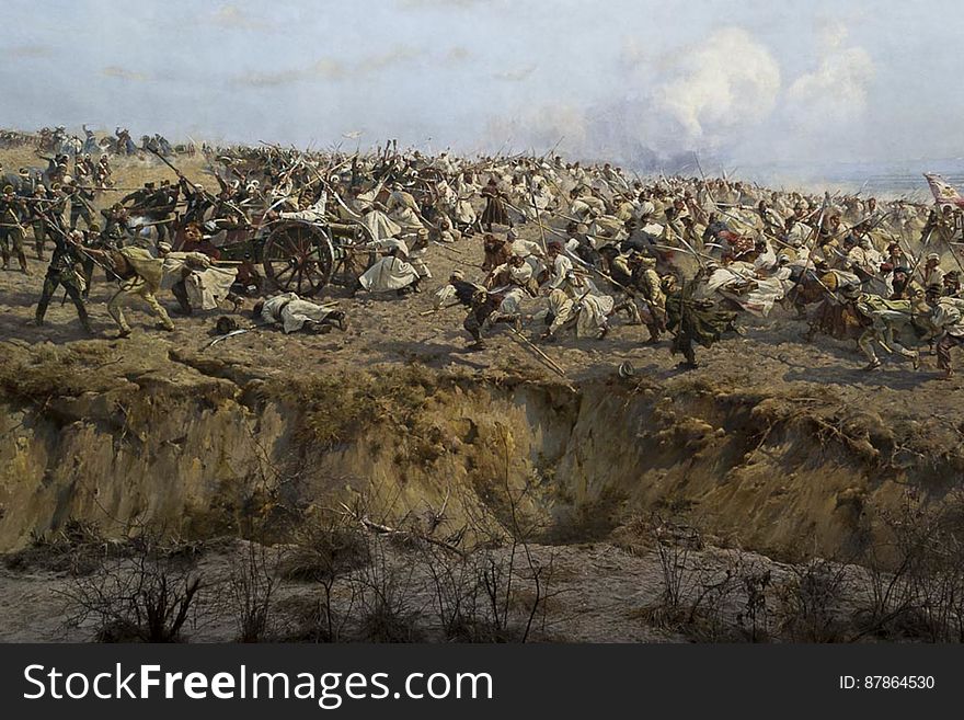 Monumental painting in panoramic format, depicting battle of Raclawice between Polish insurectionists and Russian forces. Monumental painting in panoramic format, depicting battle of Raclawice between Polish insurectionists and Russian forces.