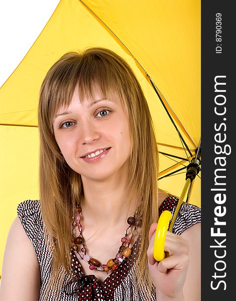Beautiful woman with yellow umbrella on white background. Beautiful woman with yellow umbrella on white background