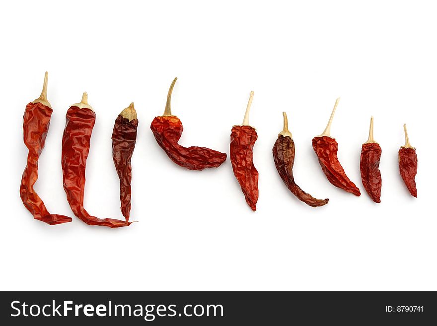 Red hot dried chillies isolated on white. Red hot dried chillies isolated on white.