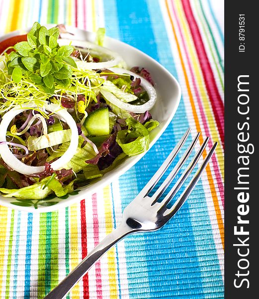 Fresh salad with onion cucumber mugs and lettuce on a colorful background
