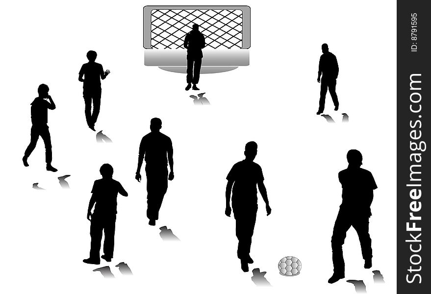 Men silhouettes play football on one side