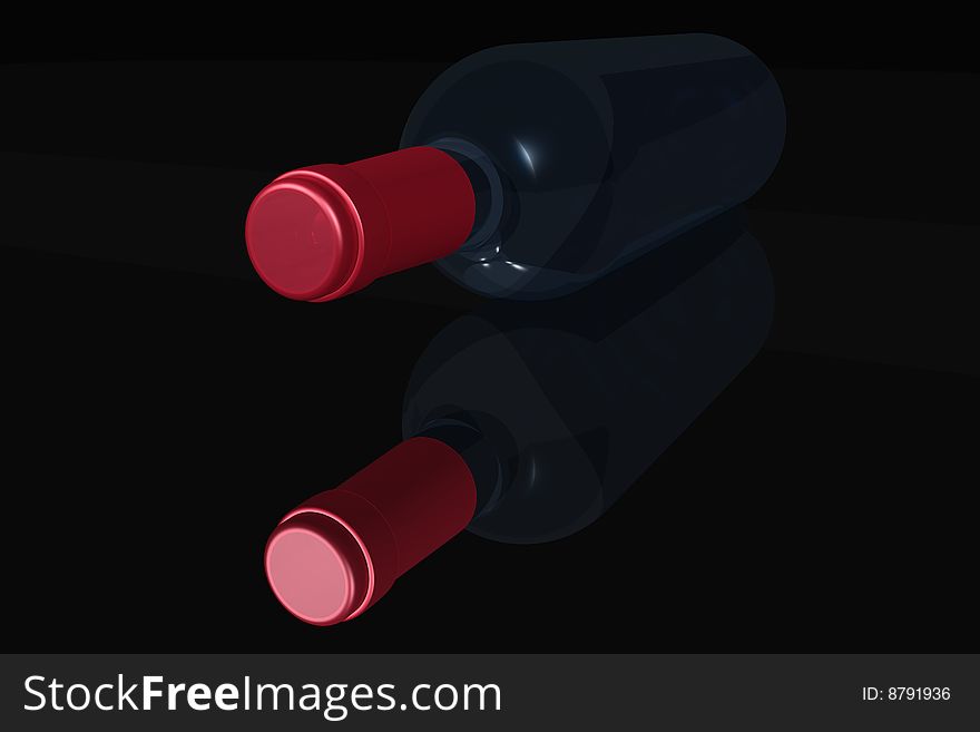 A laying wine bottle reflected on a dark background. A laying wine bottle reflected on a dark background