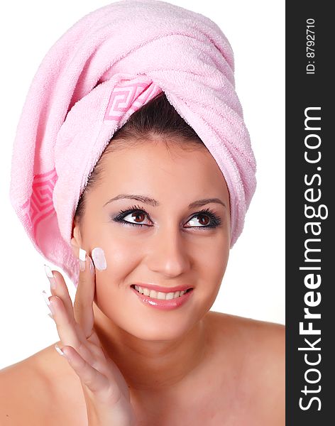 Portrait of woman in pink towel on her head. Portrait of woman in pink towel on her head