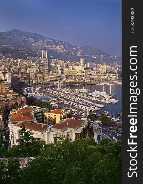 Monaco harbor and marina from Palace plaza. Monaco harbor and marina from Palace plaza