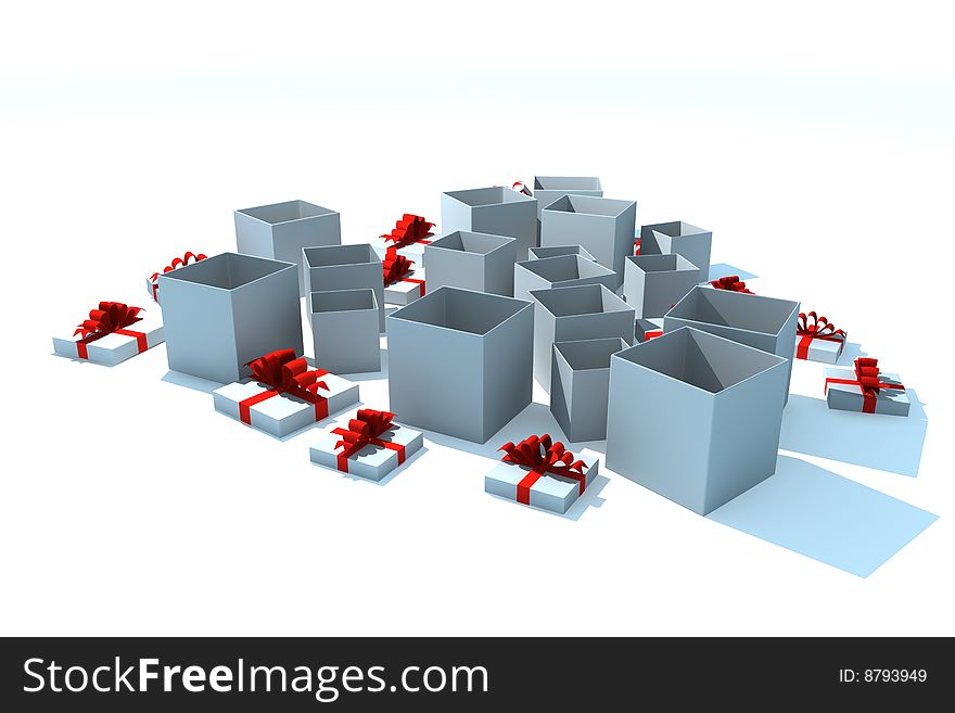 Gift boxes - 3d isolated illustration on white. Gift boxes - 3d isolated illustration on white