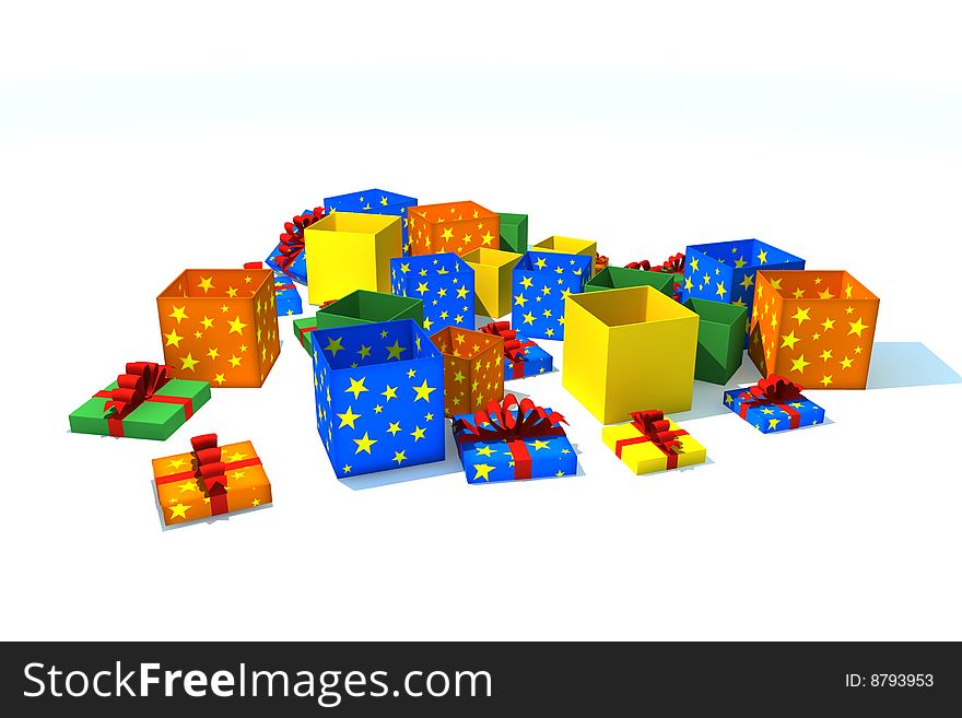 Multicolor gift boxes - 3d isolated illustration on white. Multicolor gift boxes - 3d isolated illustration on white