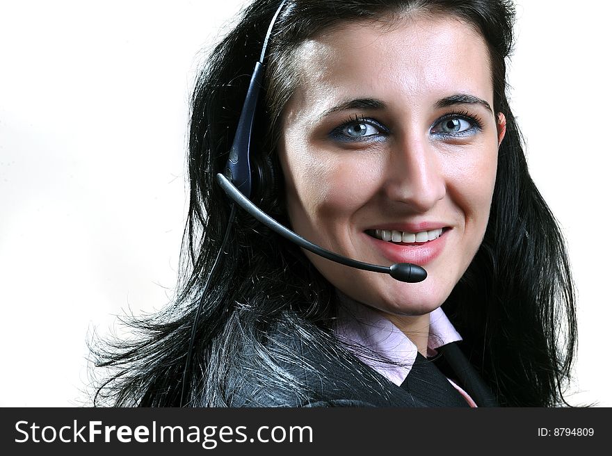 Portrait of smiling woman wearing headset. Portrait of smiling woman wearing headset