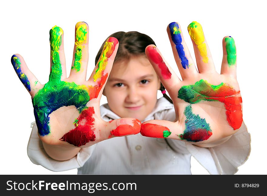 Little girl with hands dirty with paint. Little girl with hands dirty with paint