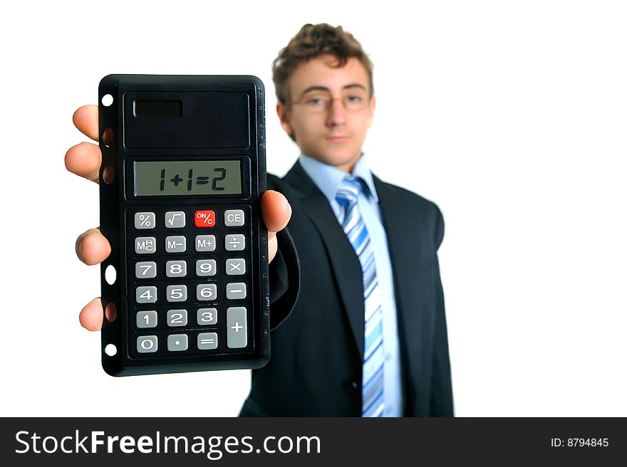 Young businessman holding calculator with elementary proplem. Young businessman holding calculator with elementary proplem