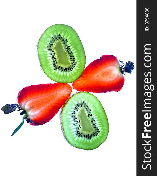 Two slices of strawberry and two of kiwi, isolated on white. Two slices of strawberry and two of kiwi, isolated on white