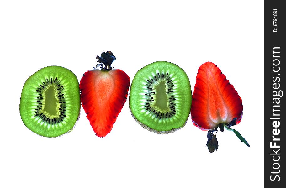 Two slices of strawberry and two of kiwi, isolated on white. Two slices of strawberry and two of kiwi, isolated on white