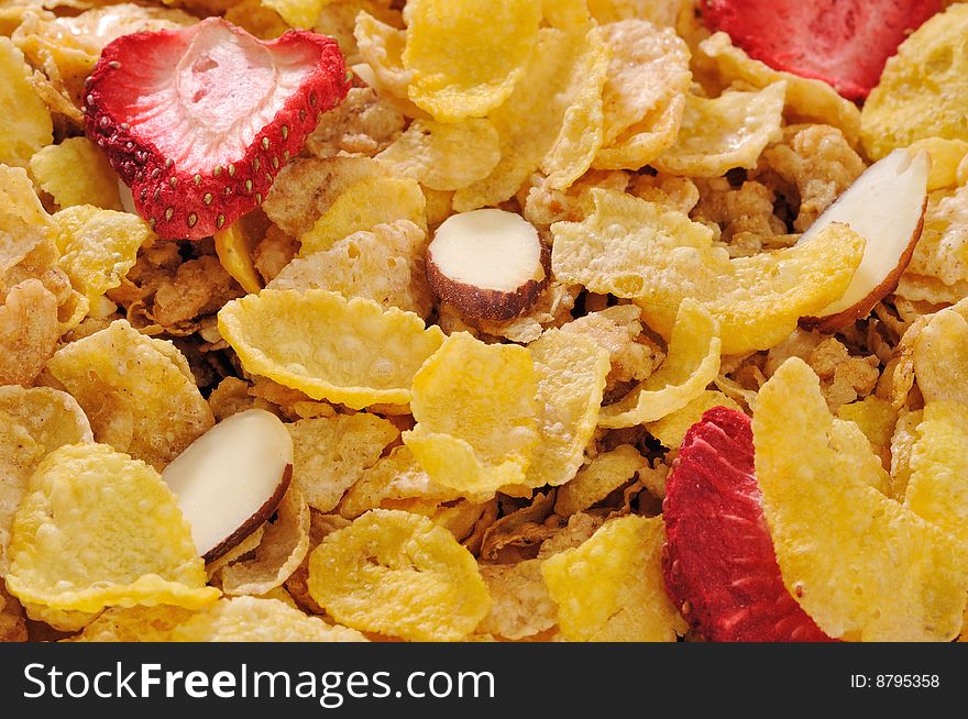 Macro of cornflakes with fruits and nuts
