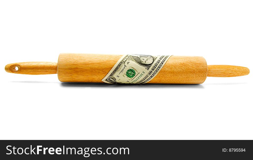 One dollar bill wrapped on a rolling pin isolated over white. One dollar bill wrapped on a rolling pin isolated over white