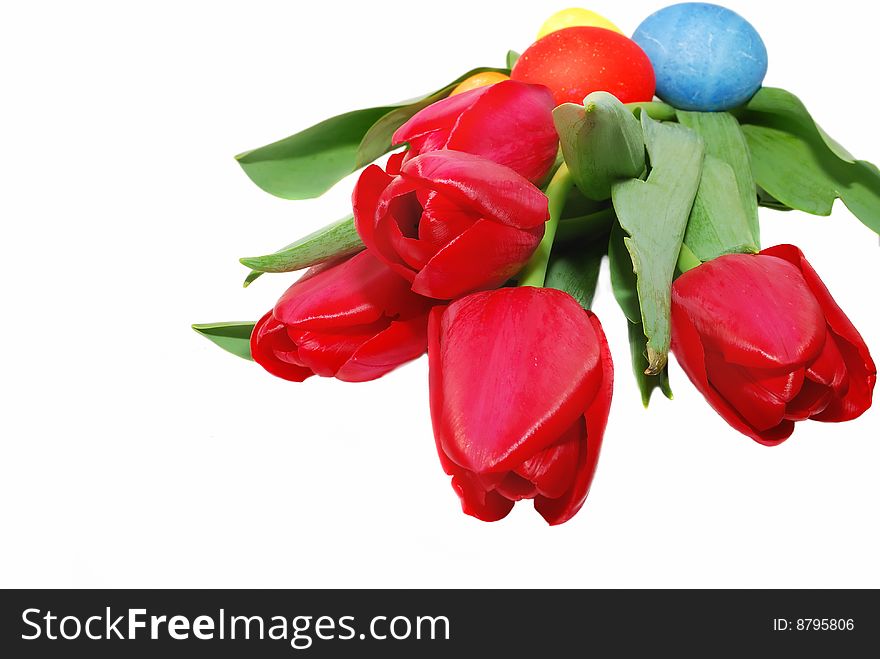 Bouquet of red tulips on white background with three color easter eggs. Bouquet of red tulips on white background with three color easter eggs.