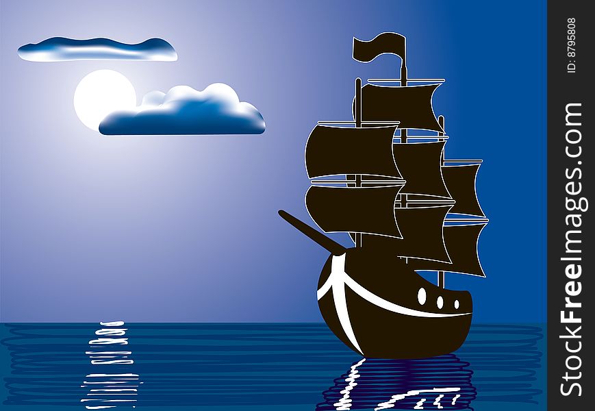 Vector illustration of a silhouette of sailing ship illuminated by full moon. Vector illustration of a silhouette of sailing ship illuminated by full moon