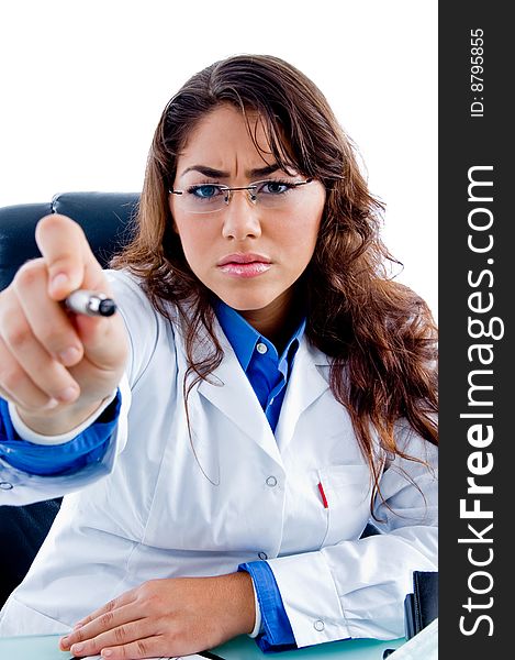 Doctor indicating from pen on an isolated background