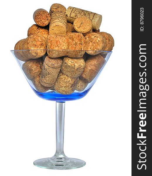 Old corks from wine and champagne in greater glass goblet